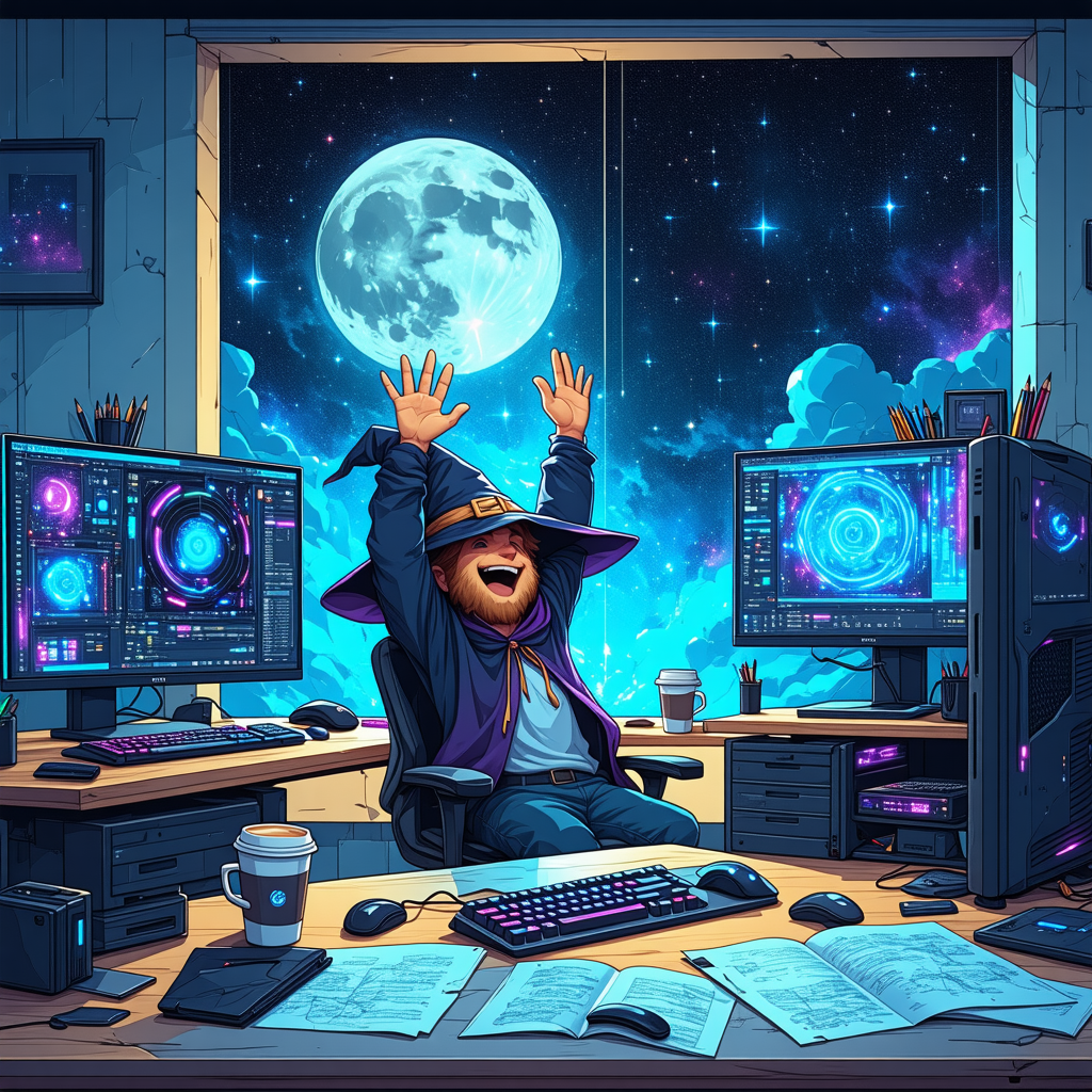 Generated cartoon of a happy developer at his desk